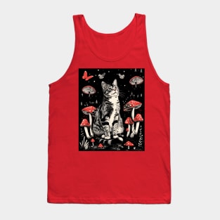 Retro Woodland Cute mushroom Cat Red Floral Garden Kitten Tank Top